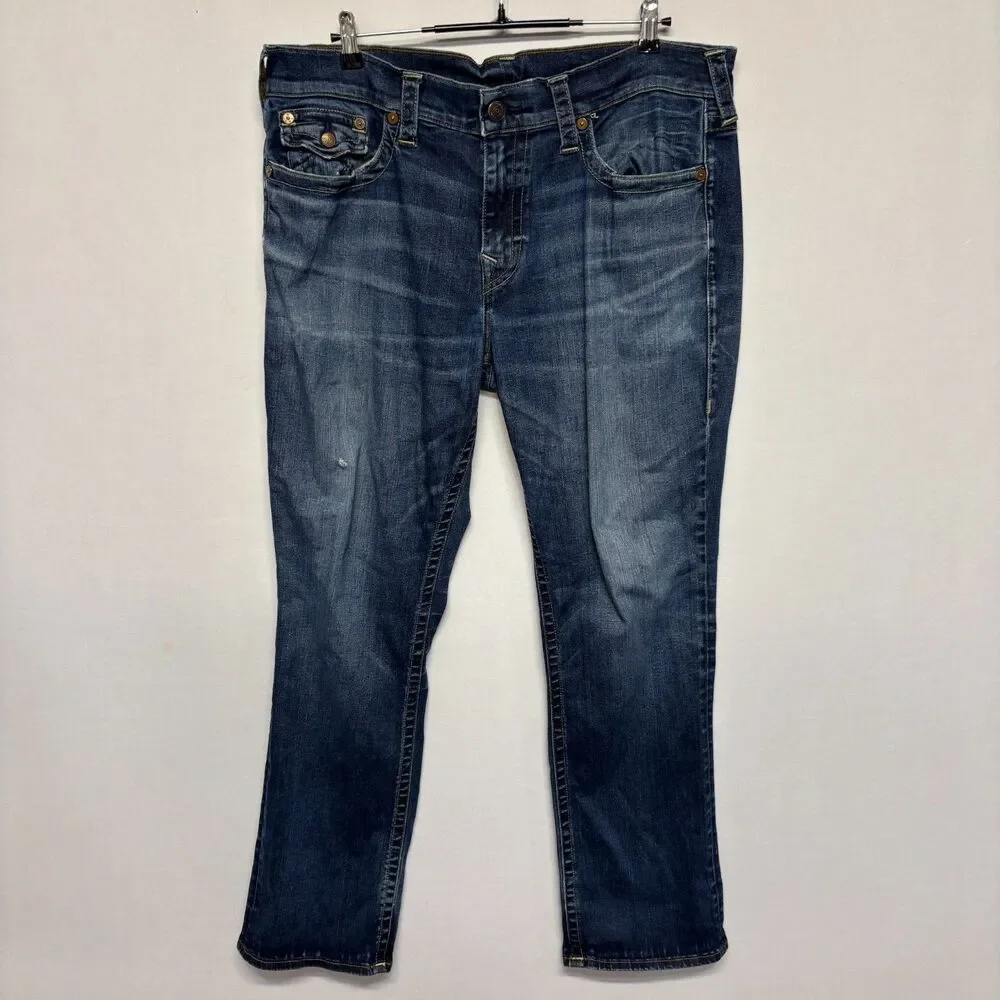 True Religion Men Flap Ricky Relaxed Straight Jeans Size 38 Blue Denim D130 -16